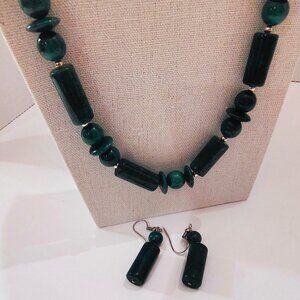 Vintage Green Stone Set- Emerald Green Beaded Necklace and Dangle Earrings